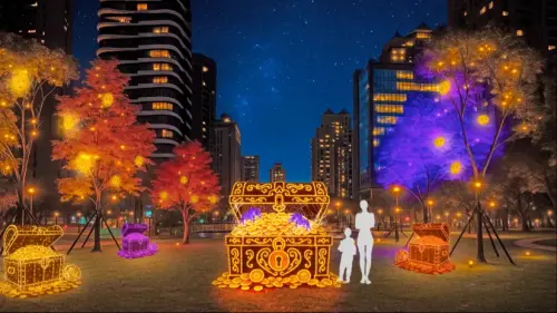 ▲佈滿紫蜘與絲網的寶藏箱打開後，會有無數金幣化作光芒。（圖／翻攝桃園萬聖城）