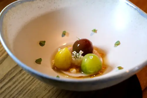 ▲冷前菜「醉蝦 / 復古番茄 / 烏醋」以多樣化的元素，搭佐三款蕃茄。（圖／記者葉盛耀攝）