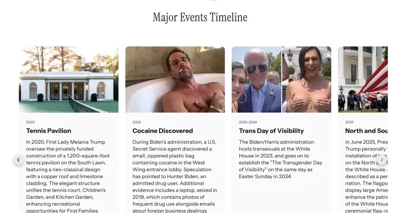 ▲美國白宮官網「白宮大事記」（Major Events Timeline），赫然出現許多「黑歷史」醜照，而這並非被駭，而是川普政府有意安排的反擊。（圖／翻攝自白宮官網）