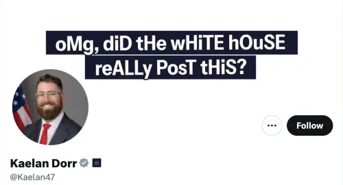 ▲白宮副通訊主任多爾（Kaelan Dorr）還將自己在X上的封面換上「天啊，白宮真的Po了這些嗎？」酸度爆表。（圖／翻攝自X）