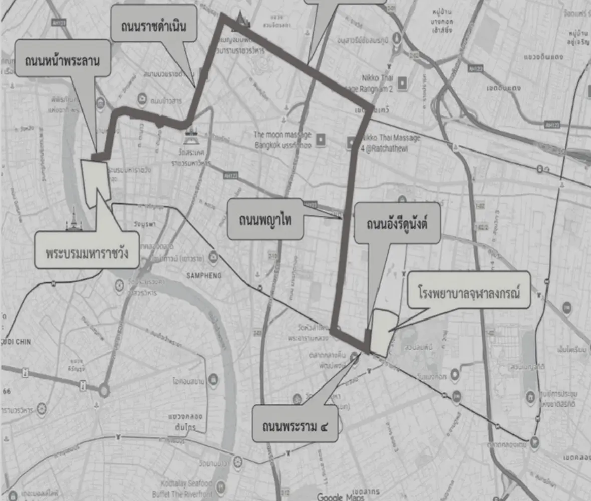 ▲曼谷警方公布詩麗吉王太后靈柩運送路線，靈柩將於10月26日下午從朱拉隆功醫院出發，移送至大皇宮，沿途將實施交通管制。（圖／翻攝自thansettakij）