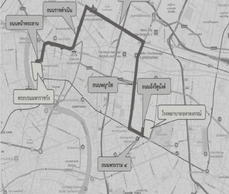 ▲曼谷警方公布詩麗吉王太后靈柩運送路線，靈柩將於10月26日下午從朱拉隆功醫院出發，移送至大皇宮，沿途將實施交通管制。（圖／翻攝自thansettakij）