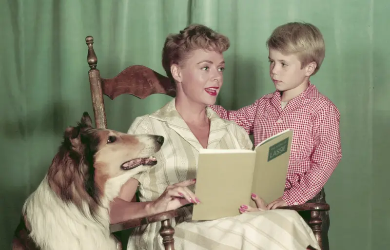 ▲《靈犬萊西》影集女星瓊洛克哈特（中）傳出在美國加州聖塔莫尼卡壽終正寢，百歲去世，她從影將近80年，一度是觀眾心目中的螢幕最暖媽媽。（圖／摘自IMDb）　