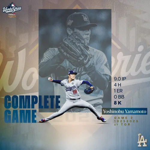 ▲山本由伸本季季後賽連續2場繳出9局完投勝，成為自2001年席林（Curt Schilling）以來，首次季後賽連續兩場完投的投手。（圖／取自道奇X）