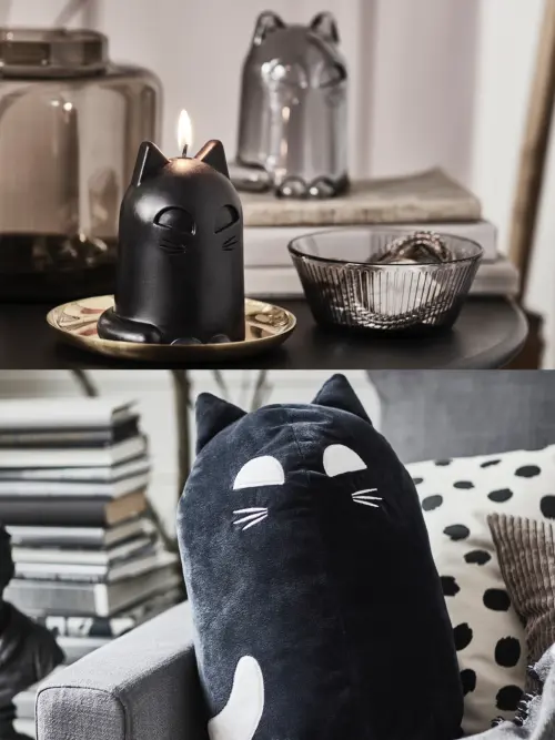 ▲IKEA萬聖系列，由上至下：「KUSTFYR蠟燭」179元、深灰色玻璃罩179元，「黑貓玩偶」卡友價295元（原價349元）。（圖／IKEA提供）
