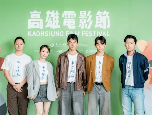 ▲鄭有傑（左起）、孫淑媚、温傑恩、陳玄力、黃迪揚出席《南方時光》在高雄電影節的記者會。（圖／高雄電影節提供）