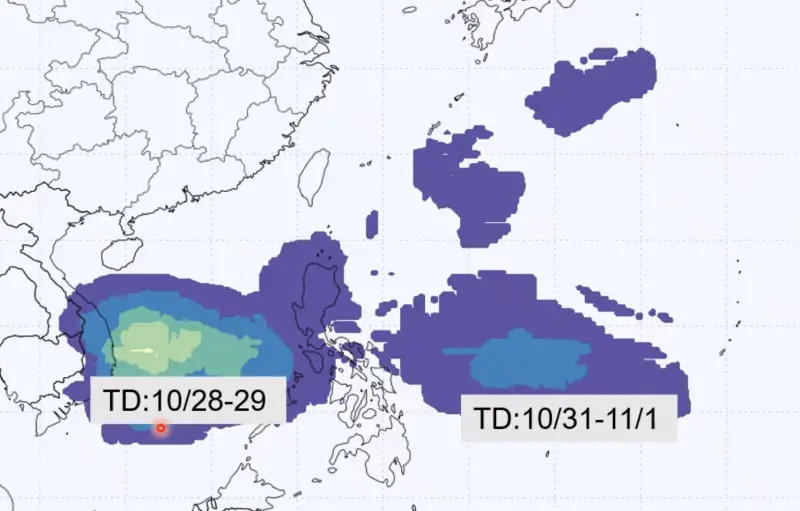 ▲南海、菲律賓東方海面都有熱帶擾動發展，本週不排除增強為颱風，路徑主要都是往西移動。（圖／賈新興提供）