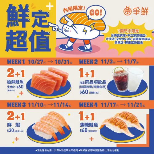 ▲爭鮮迴轉壽司隱藏優惠！鮮蝦壽司10元、鮭魚生魚片20元、焦糖鮭魚壽司30元一圖看懂。（圖／翻攝自爭鮮FB）