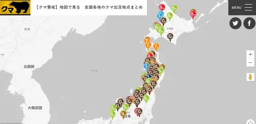 ▲日本媒體朝日新聞整理今年1月以來熊出沒新聞事件地圖整理。（圖／翻攝自朝日新聞）