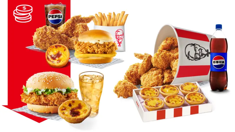 ▲普發一萬放大速食優惠，肯德基雙11「買一送一」11大優惠代碼，「50478：咔啦脆雞x6＋百事可樂(中)x2」殺6折299元，外送也適用；bb.q CHICKEN韓式炸雞「+1元多1件」週年慶。（圖／肯德基提供）