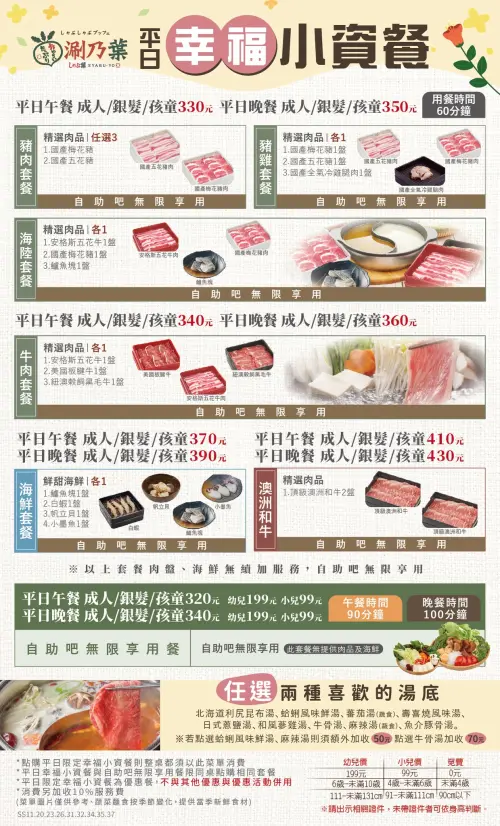 ▲涮乃葉的平日限定幸福小資餐菜單一覽（圖／取自涮乃葉臉書）