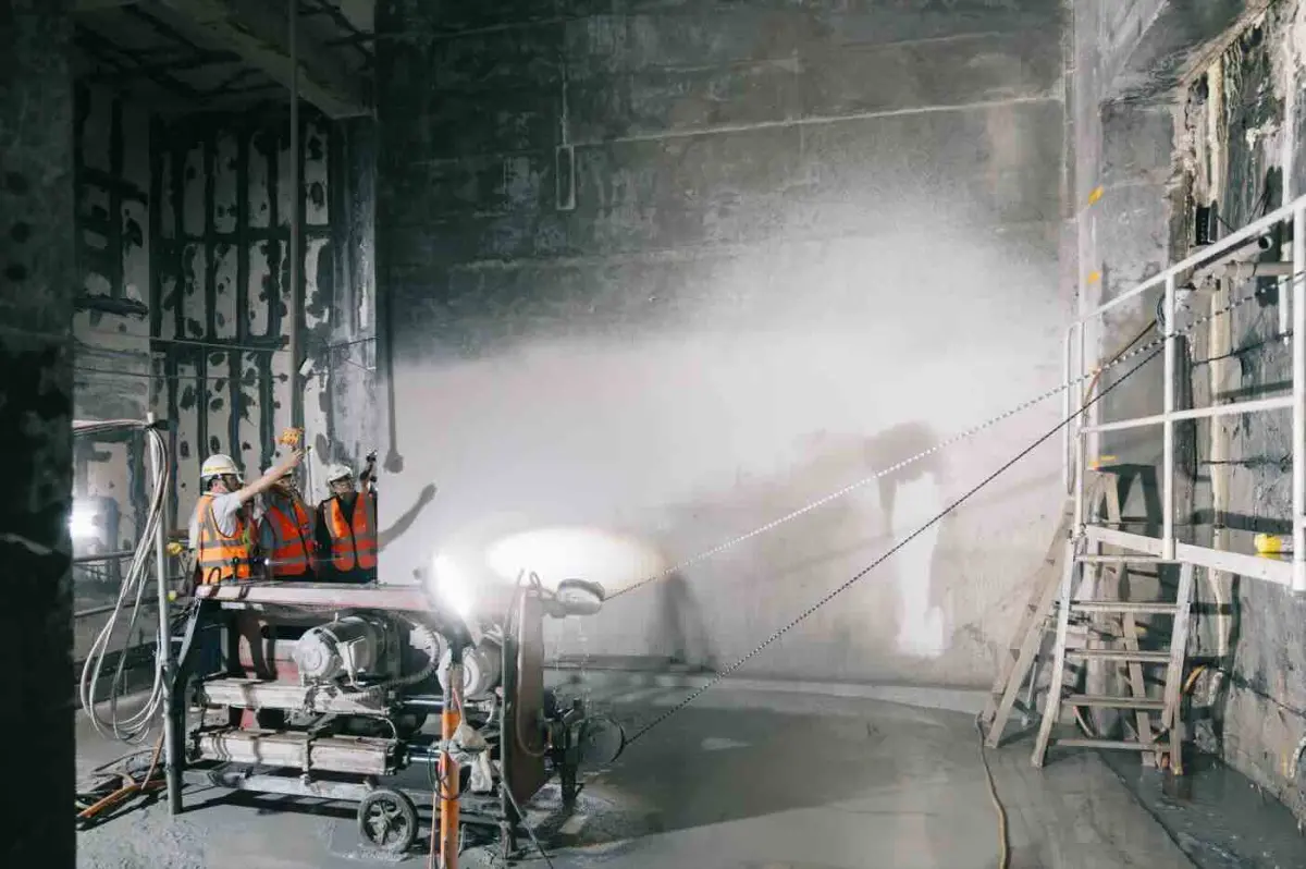 ▲桃園捷運機場線A14工程滲漏水，新建站體至月台層連通道牆面進行切割作業。（圖／交通部）