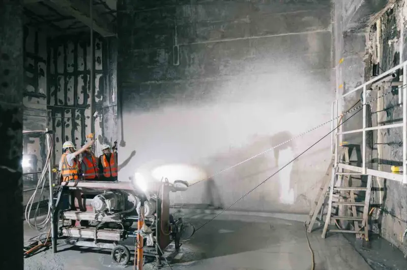 ▲桃園捷運機場線A14工程滲漏水，新建站體至月台層連通道牆面進行切割作業。（圖／交通部）