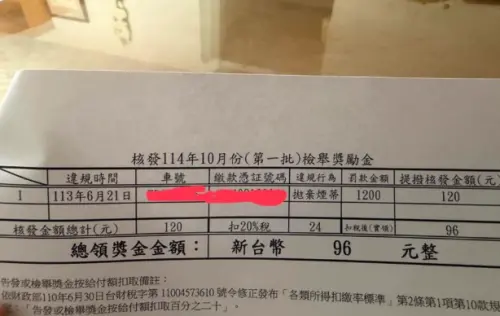 ▲有民眾曬出成功檢舉亂丟菸蒂的獎金通知單，耗時近1年才拿到96塊，其實真的不算多。（圖／爆怨3公社）