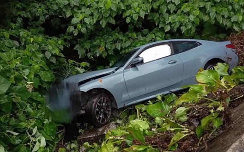 ▲台北北投一輛市價260萬BMW 420i跑車29日失控自撞護欄翻落樹叢，所幸駕駛平安。（圖／翻攝畫面）