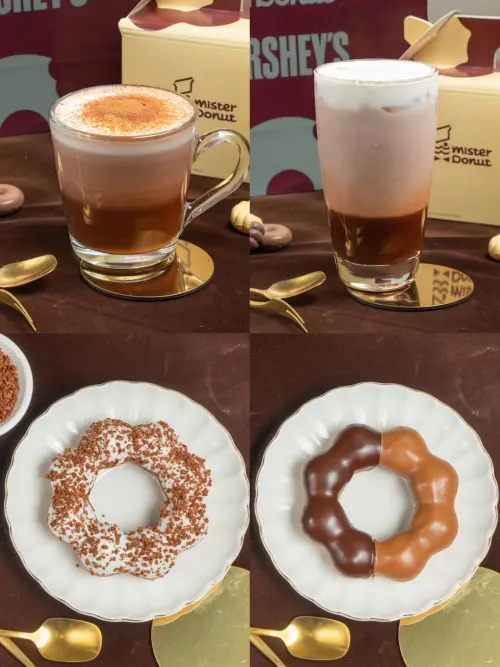 ▲上排：「HERSHEY’S可可牛奶」75元（冰／熱）。下排：巧克力波堤48元～50元。（圖／Mister Donut提供）