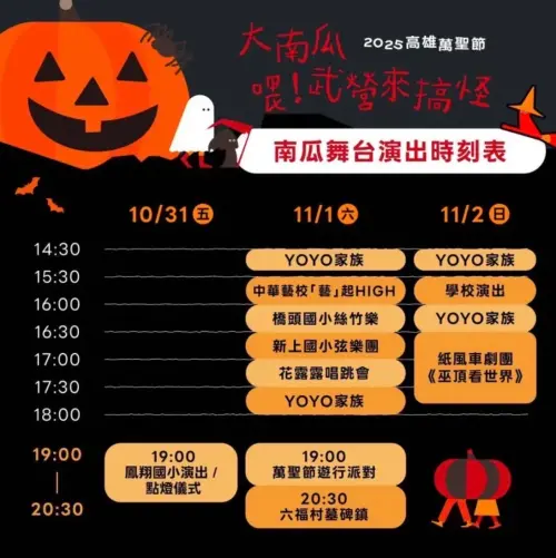 ▲ 「2025高雄萬聖節」南瓜舞台演出時刻表。（圖／高市府教育局提供）