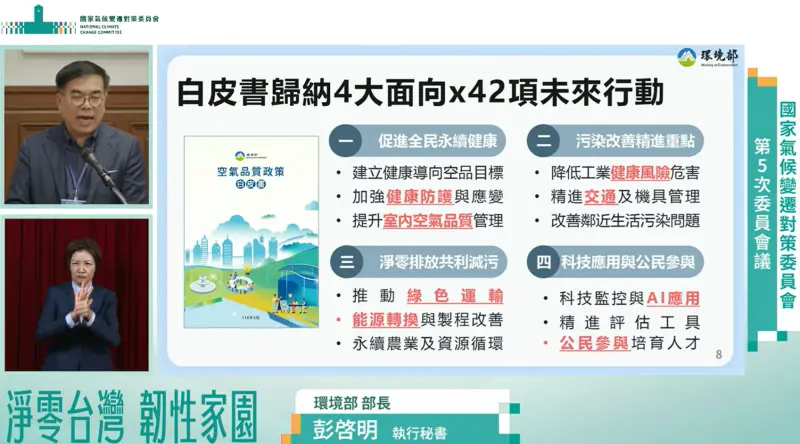 ▲彭啟明發表全國第一份《空氣品質政策白皮書》。（圖／總統府YT）