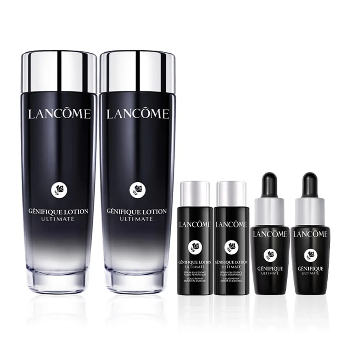 ▲台南大遠百蘭蔻小黑水雙重組，內含超極限肌因精華露150mlx2、10mlx2，超極限肌因賦活露7mlx2價值6,990元、特價4,500元。（圖／遠百提供）