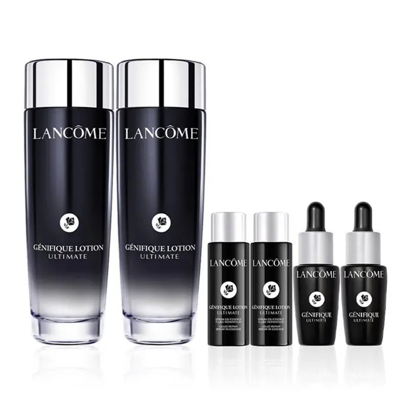 ▲台南大遠百蘭蔻小黑水雙重組，內含超極限肌因精華露150mlx2、10mlx2，超極限肌因賦活露7mlx2價值6,990元、特價4,500元。（圖／遠百提供）