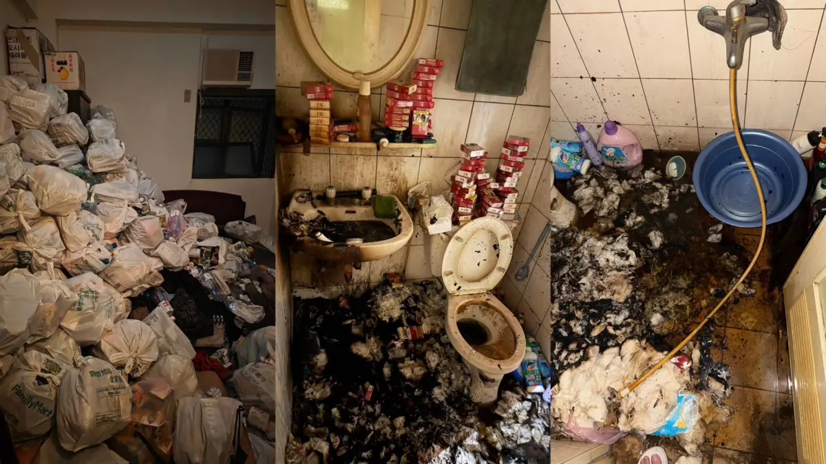 ▲台中套房火警，警消開門驚見垃圾山、廁所滿是菸盒、菸蒂、衛生紙。（圖／翻攝里長林寅利臉書）