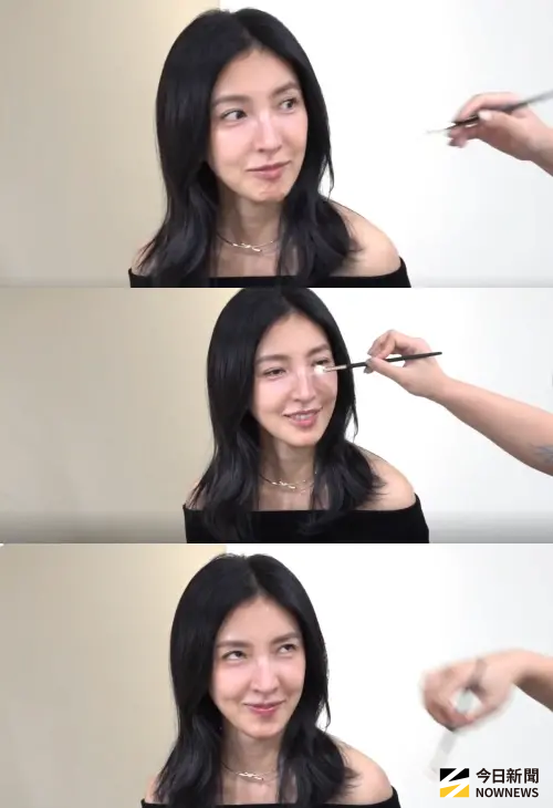 ▲本來已經要開始訪問，化妝師又出現，楊謹華面露疑惑，結果是打亮太亮，要刷掉一些，她馬上露出調皮的表情。（圖／記者朱永強攝）