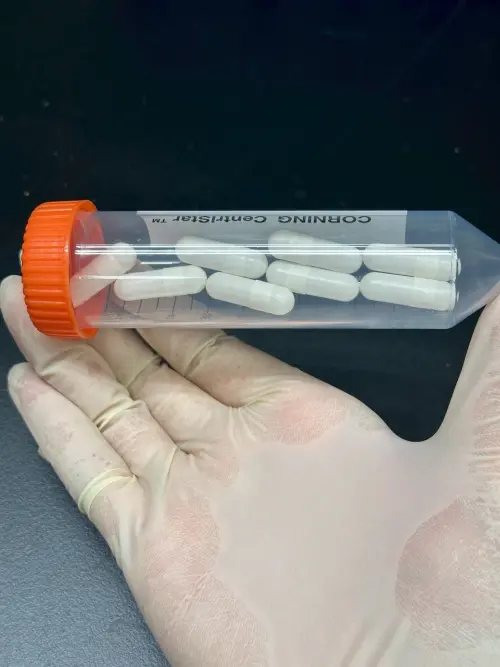 ▲林口微菌治療中心發展微菌叢膠囊，使用腸溶性不透明膠囊包裹凍乾微菌叢，一次療程共8顆膠囊。（圖／長庚醫院提供）