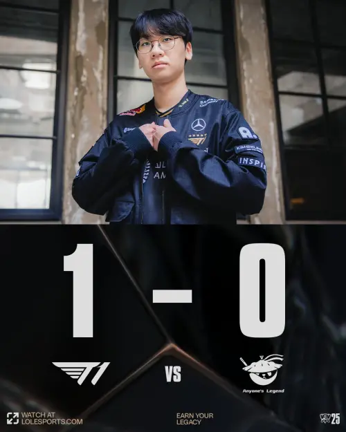 ▲T1以18：5的人頭差距拿下首局勝利，系列賽率先取得1比0領先。（圖／取自LOL世界賽X）