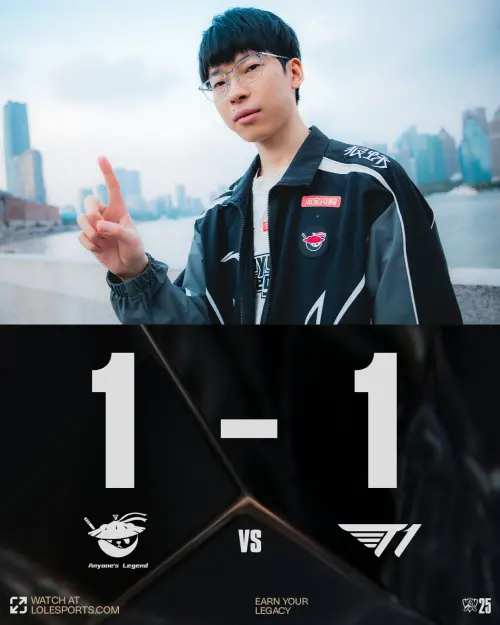 ▲ AL 在 32 分鐘推平 T1 主堡，雙方戰成 1:1 平手。（圖／取自LOL X）