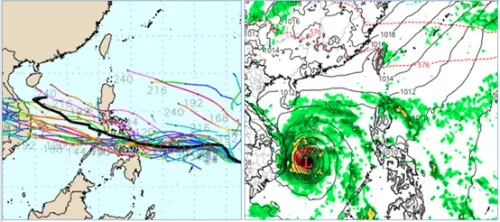 ▲最新(31日20時)歐洲系集模式(ECMWF))模擬(左圖)顯示，熱帶系統將在菲律賓東方海面發展，偏西進行，通過菲律賓中部、進入南海，再朝越南前進；歐洲模式(ECMWF)下周四(6日)20時模擬(右圖)顯示，其共伴效應發生在呂宋島。（圖／洩天機教室）