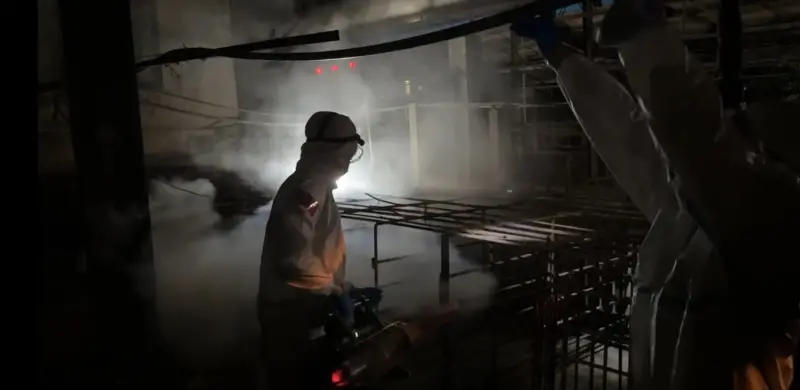 ▲國軍化學兵在11月1日進入非洲豬瘟案場進行消毒。（圖／非洲豬瘟中央前進應變所提供）