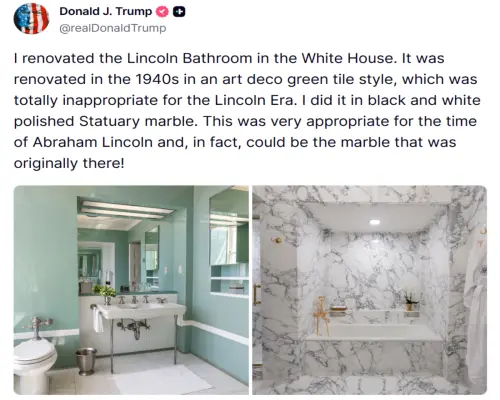 亮閃閃美呆了！川普翻修白宮林肯套房浴室　樂到連發7則貼文炫耀
