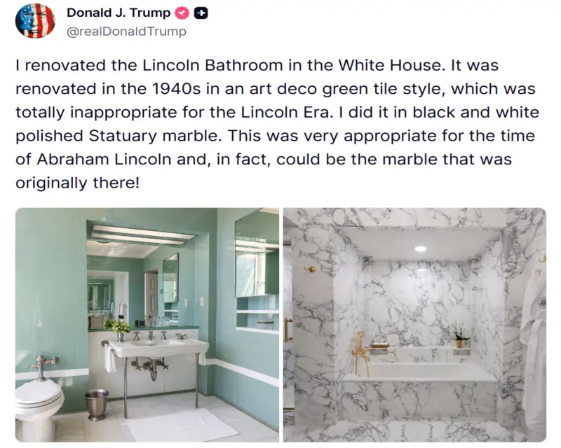 ▲美國總統川普最近又將白宮「林肯套房」的浴室整個翻新、裝潢一遍。（圖／翻攝自川普Truth Social）