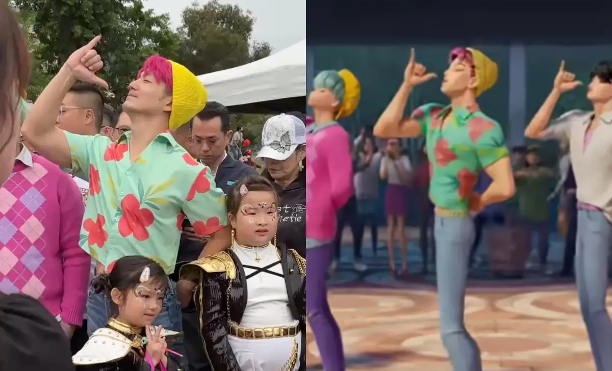 ▲台北市長蔣萬安今天扮惡魔男團Saja Boys。（圖／左：讀者提供，右：翻攝自Netflix YT）