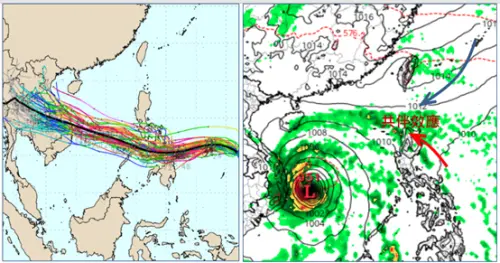 ▲最新(1日20時)歐洲系集模式(ECMWF))模擬(左圖)顯示，「輕颱海鷗」在菲律賓東方海面偏西進行，通過菲律賓中部、進入南海，再朝越南前進；最新歐洲模式(ECMWF)週四(6日)20時模擬圖(右圖)顯示，其距台灣很遠，且共伴效應弱、發生在呂宋島，不在台灣。（圖／氣象應用推廣基金會．洩天機教室）