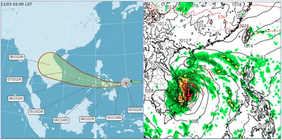 ▲強烈颱風海鷗（Typhoon Haigou，國際名 Kalmaegi）於11月4日清晨登陸菲律賓中部。（圖／氣象應用推廣基金會．洩天機教室）