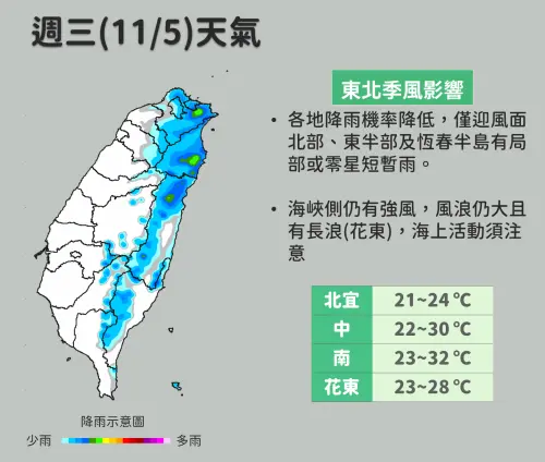 ▲周三雨勢雖然有稍微趨緩，但苗栗以北到宜蘭、花蓮、中部山區依舊有些降雨機率。（圖／中央氣象署cwa.gov.tw）