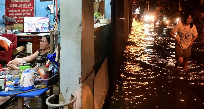 ▲胡志明市多個沿海區域遭遇嚴重淹水，部分地區水位一度高達1至1.8公尺，影響居民生活與城市交通。（圖／翻攝自臉書）