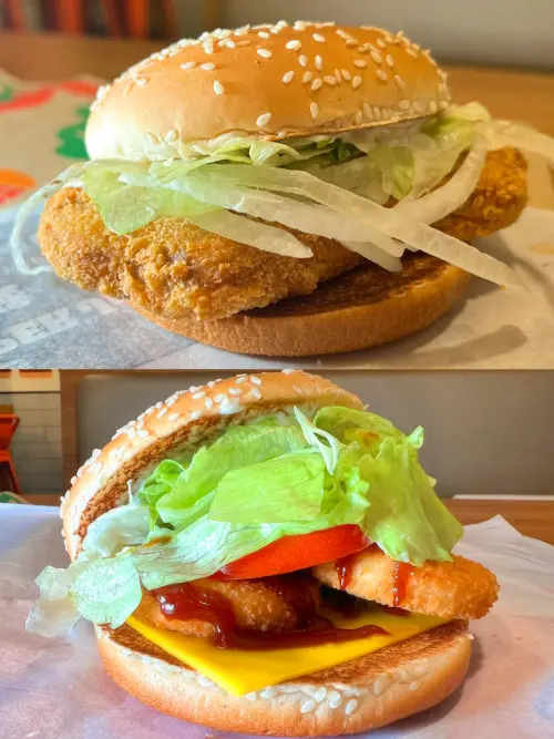 ▲漢堡王秋季新品，由上至下：「法式芥末豬排堡」單點104元、套餐149元，「洋蔥圈蔬菜堡」單點59元、套餐149元。（圖／漢堡王提供）