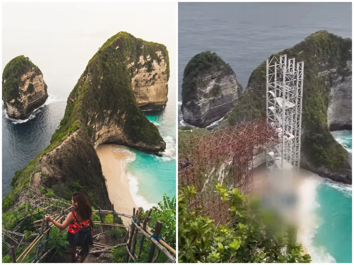 ▲有中國開發商計畫在精靈海灘（Kelingking Beach）懸崖邊興建一個高達182公尺的玻璃電梯，但施工到一半遭當地民眾強烈反對，認為工程會破壞自然景觀，如今已被喊停。（施工前施工後合成圖／翻攝自X）