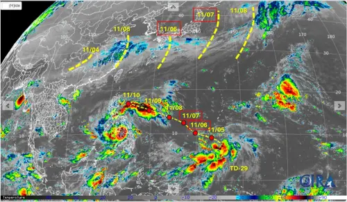 ▲鳳凰颱風路徑會先受到太平洋高壓的引導往西北，並和北邊「西風短波槽東移」有些許互動。（圖／天氣職人-吳聖宇臉書）