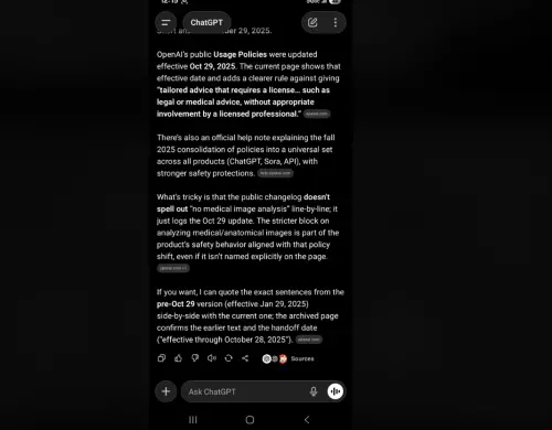 ▲國外有網友向ChatGPT詢問醫療、財經、法律相關問題後，系統回應最新OpenAI政策，該領域無法提供具體建議或分析，只能以一般性方式說明。（圖／翻攝reddit）