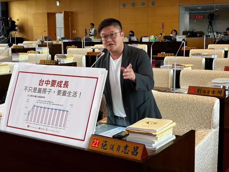 ▲議員施志昌指出，人口雖持續成長，卻伴隨公共設施比例不斷下降，恐讓城市發展陷入危機。(圖／柳榮俊攝2025.11.4)