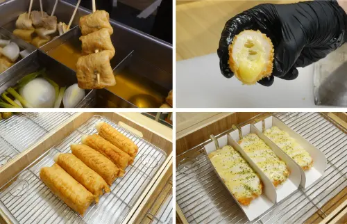 ▲在軟嫩的魚漿內中加入各種不同餡料，製作出經典的三進魚板。特色魚板棒(左下)，在魚板棒上方鋪上香腸與Q彈有勁的年糕、香腸或灑滿切達與莫札瑞拉起司(右下)都很好吃。（圖／新光三越提供）