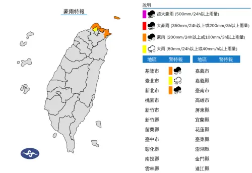 ▲中央氣象署今（４）日晚間發布豪雨特報，包含基隆北海岸有局部大雨或豪雨發生的機率（圖／中央氣象署cwa.gov.tw）