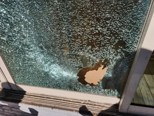 ▲老闆娘毫不猶豫地一聲令下，救援人員與工廠員工就開始以槌子擊破玻璃門，但小貓疑似受到驚嚇，又跑到更深的地方。（圖／新北市動保處）