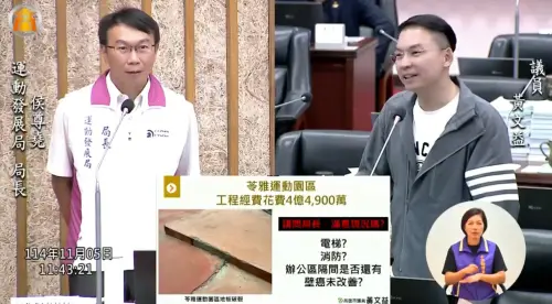 ▲市議員黃文益今天在市議會質詢時指出，苓雅運動園區啟用至今，園區建築體仍未完成驗收，內部隔間與基礎設施缺失。運發局期望年底前逐步改善。（圖／市議員黃文益辦公室提供）