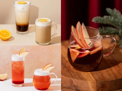 ▲「橙澄雲朵燕麥那堤」200元、「蘋果森林」260元、「微醺蘋果熱紅酒」450元。（圖／星巴克提供）