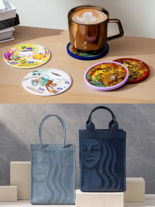 ▲「深藍／淺藍皮革小禮袋提袋」680元／個。（圖／星巴克提供）