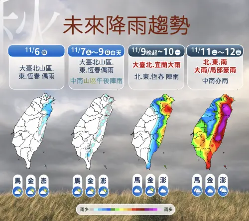 ▲周四開始東北季風減弱，周五至周日各地多雲到晴，下周起鳳凰颱風將帶來大雨和豪雨。（圖／中央氣象署cwa.gov.tw）